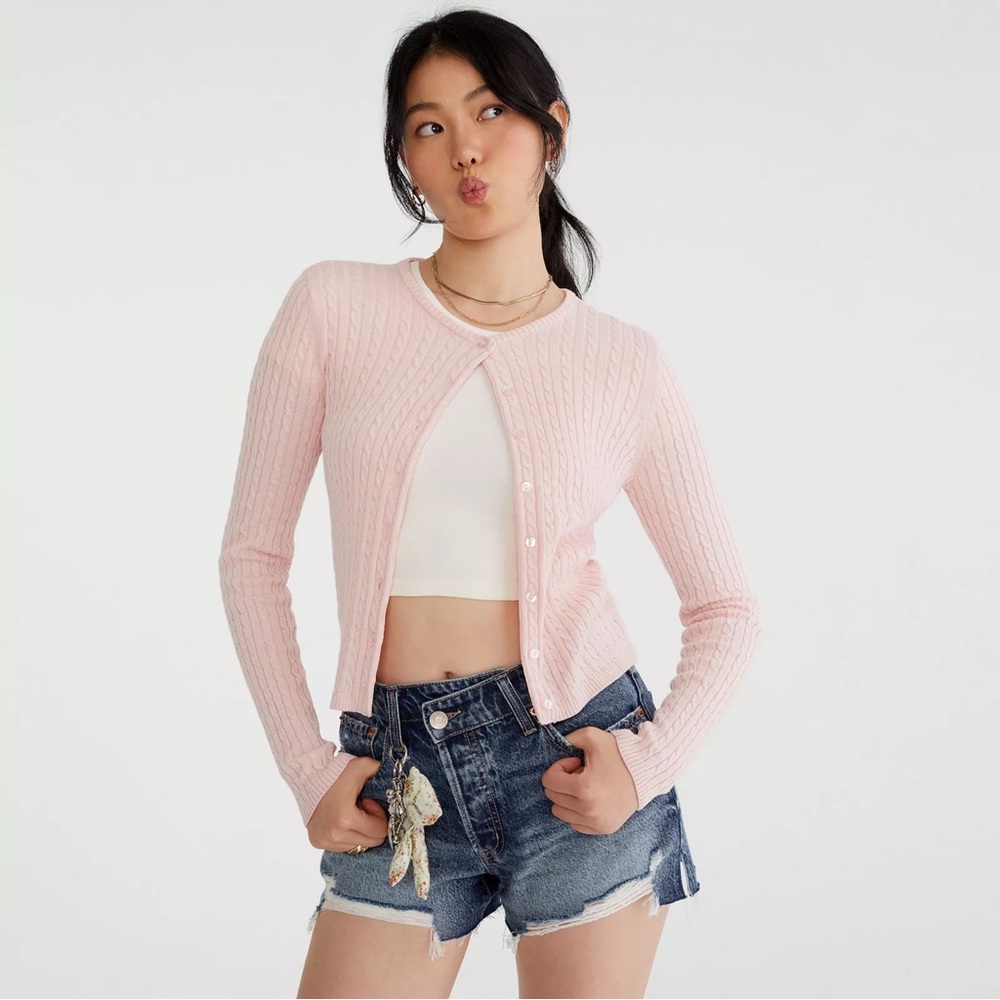 Aeropostale Light Pink Crewneck Cable-Knit Button Cardigan